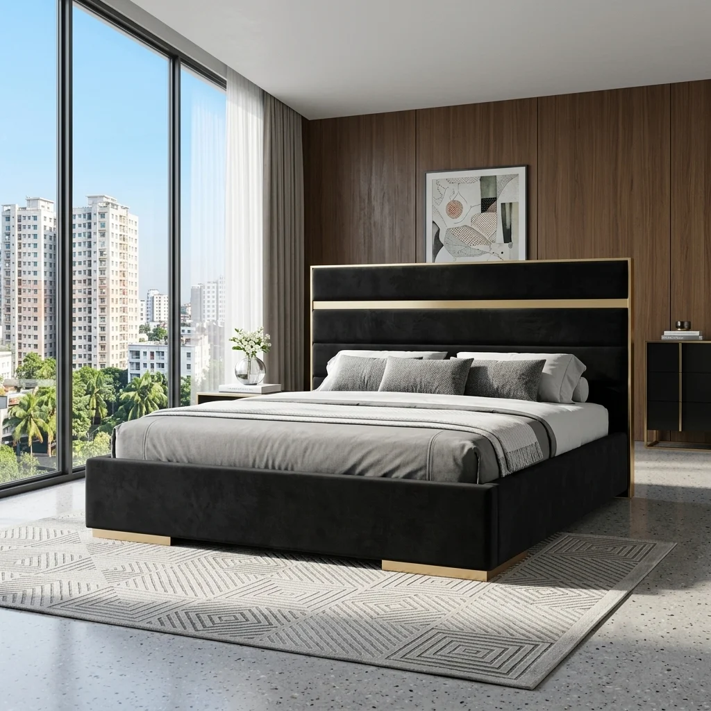 BED-505 — ব্ল্যাক ভেলভেট গোল্ড ফ্রেম খাট